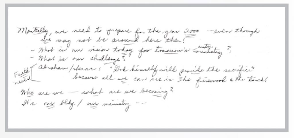 hand-written note excerpted from S. Veronica Novotnys files, Founding Director of the Benedictine Center